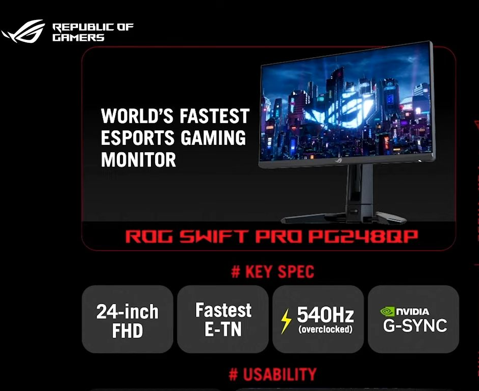 安慶市華碩發布ROG Swift Pro PG248QP電競顯示器 高達540Hz刷新率